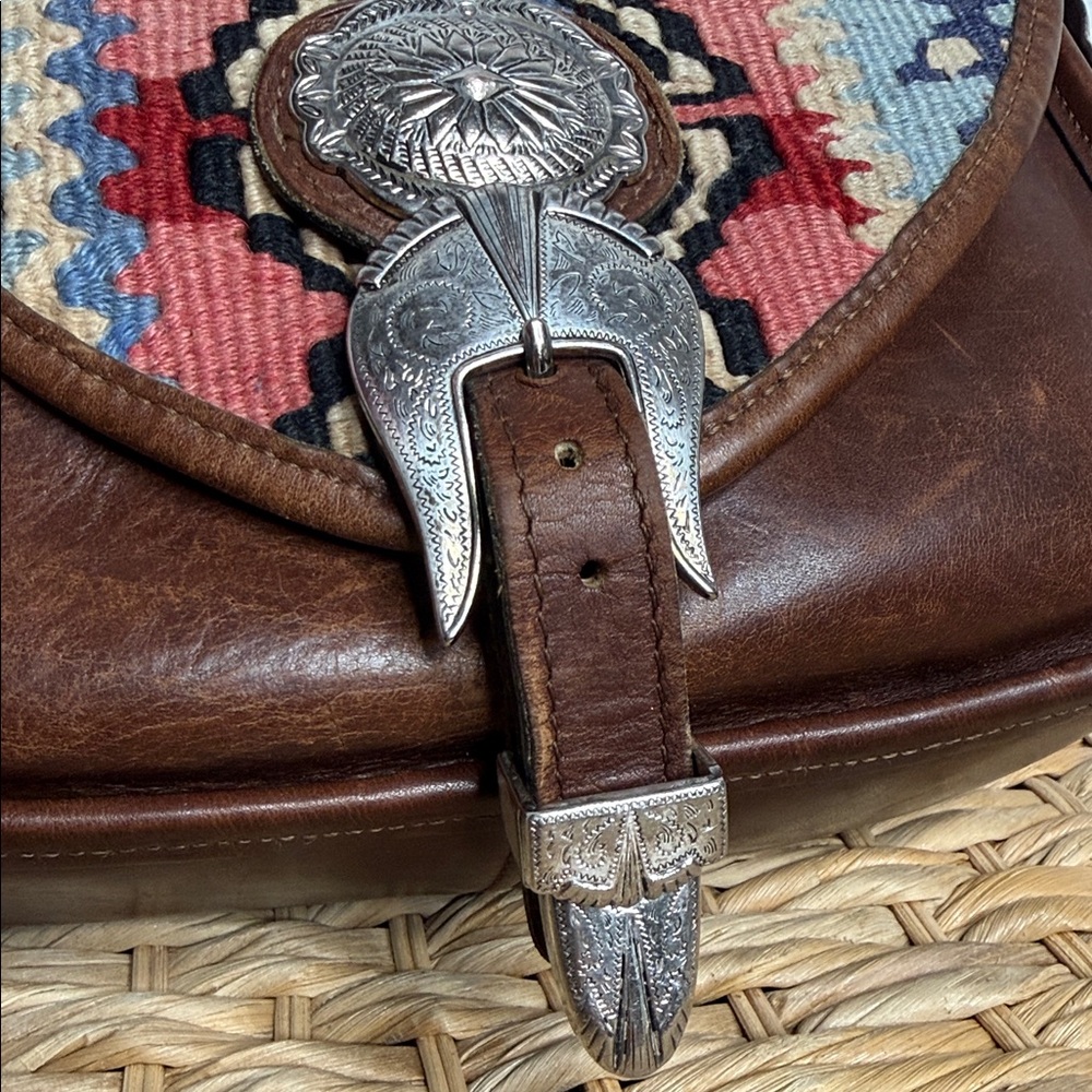 Handmade vintage western Aztec pattern Brown Leather Crossbody Bag with tapestry - Picture 4 of 14